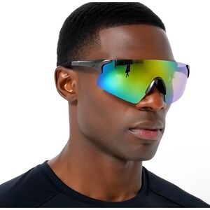 Mens Rimless Wrap Around Sport Sunglasses Iridescent Rainbow Shield Gunmetal New